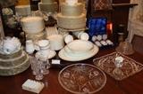 Mikasa and Noritake dinner sets, Crystal Irish coffee mugs, small onyx goblets in box. Pressed glass platters. 