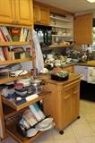 Pine kitchen prep table/island, cook books, plastics, Corning Ware etc.