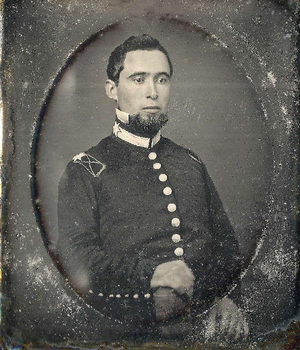 1/6 plate daguerreotype in full leatherette case of military officer. Image has great clarity and contrast.