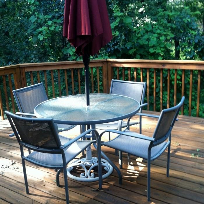 outdoor patio table, chairs 