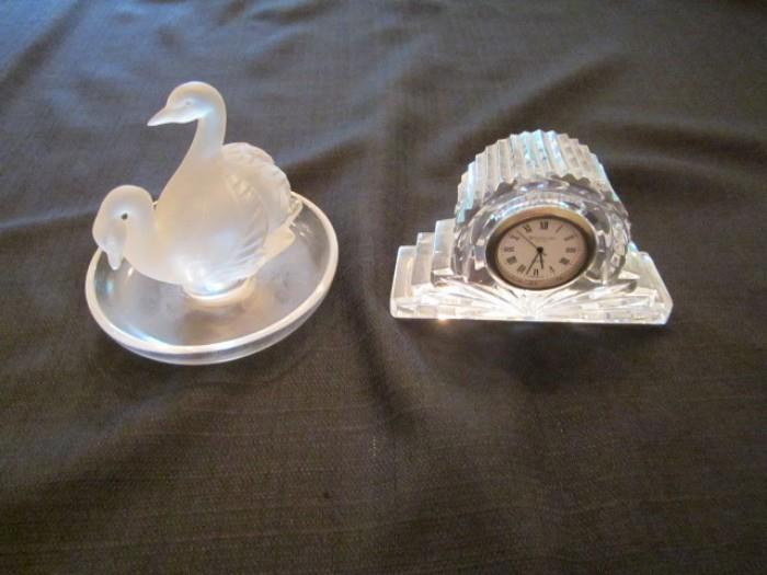 signed Lalique swan dish and Waterford clock.