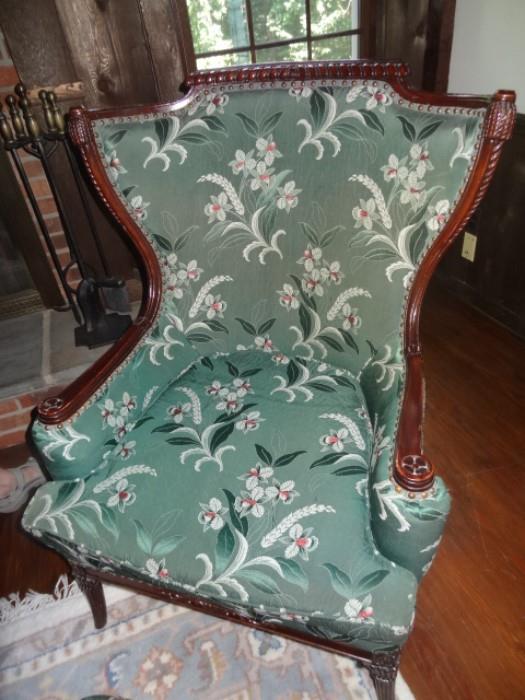 Wonderful Antique Wide Wing Arm Chair with Ottoman with carved Mahogany Detail 
