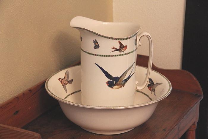 Bluebird China pitcher and bowl