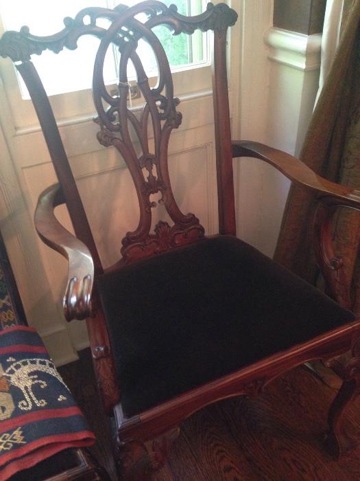 One of eight: antique dining chairs with brown mohair seats