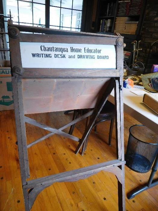 Chautauqya Home Educator Writing Desk and Drawing Board. Roll contains over 20 lessons including Morse Code.  Missing Black Board. 1910-1920's