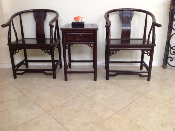 We cannot answer calls regarding pricing! Chinese horse-shoe back chairs and side table.