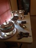 silver plate, silver plate punch bowl and cups
