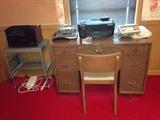 desk, metal cart, printer/fax, adding machines