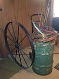 wagon wheel, barrel, scrap copper