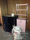 metal shelving and cabinet, shop vac, scale