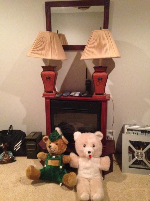 electric fireplace, lamps, bears, mirror