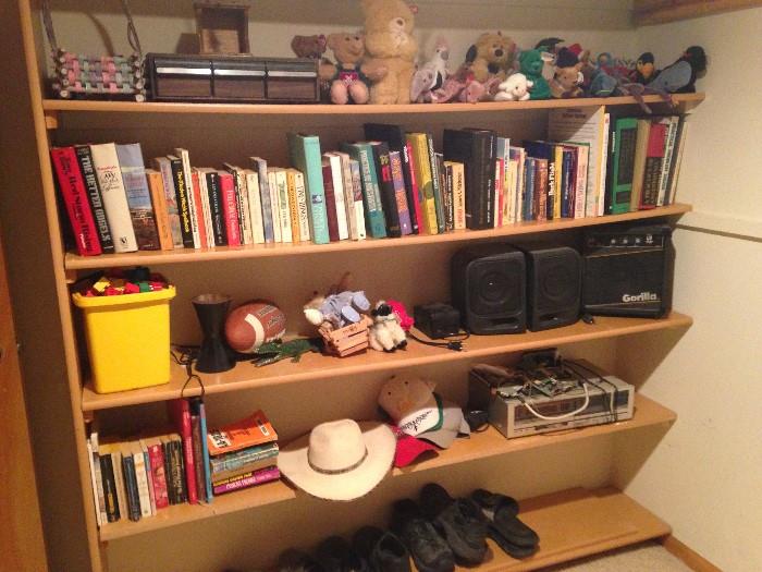 books, cassettes, speakers, misc, bears, Beanie Babies, amp, hats