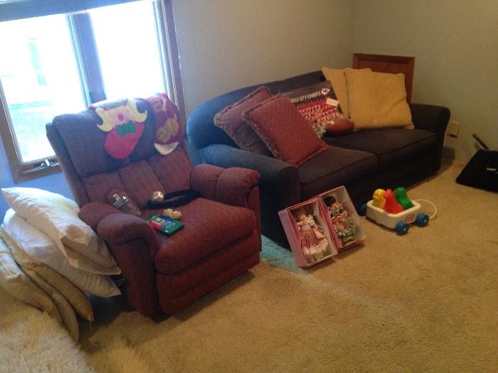 couch, dolls, recliner