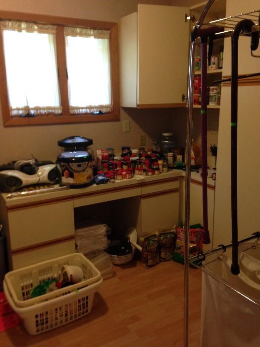 pantry items, spices, small kitchen appliances, boom boxes, laundry items