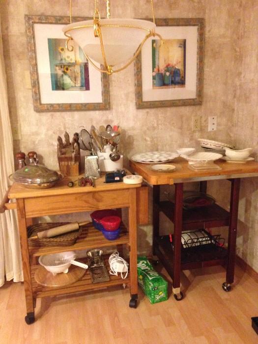 kitchen island, kitchen cart, dishware, knives, utensils, silver plate