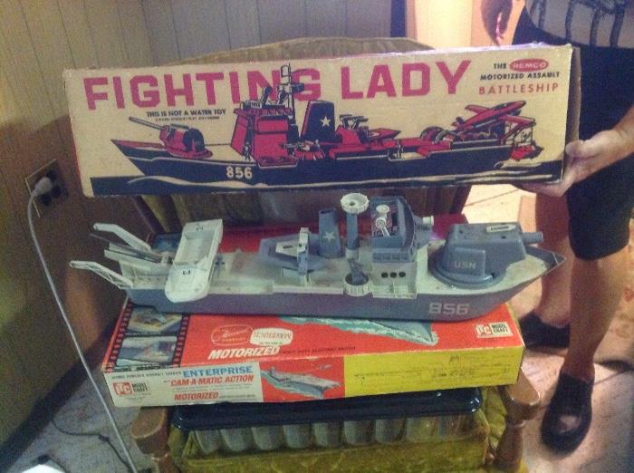 Many of the 50's and 60's toys still in their original boxes. Catapult plane and smaller PT boat will be at checkout.