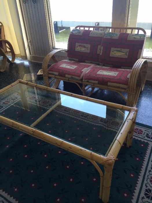 Bamboo settee & coffee table have matching chairs & side table