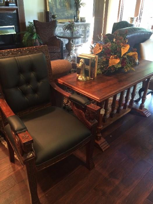 Olive green leather chair &  library table - part of the many fine furniture pieces