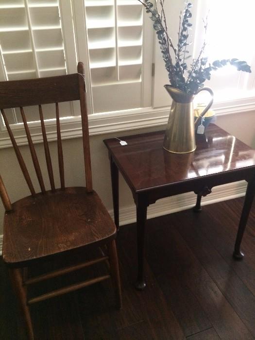        Antique chair; small side table
