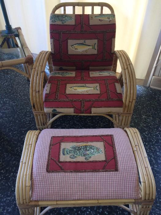One of two bamboo chairs; has matching table, coffee table, & settee