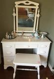 Vintage white painted vanity and stool.