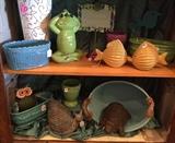 Colorful planters, frogs, fish and more in a cute summer display!