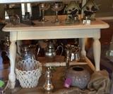 Vintage white vanity bench, silver pitchers, planters, and more.