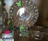 Silver plate bowl and crystal trees.