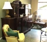 In Bargainville -- Antique oak sideboard with hutch, marble lamps, gold French Provincial chair, Lane coffee table.