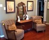 Antique 1930's oak and cane living room chairs and antique oak dresser with swing mirror.