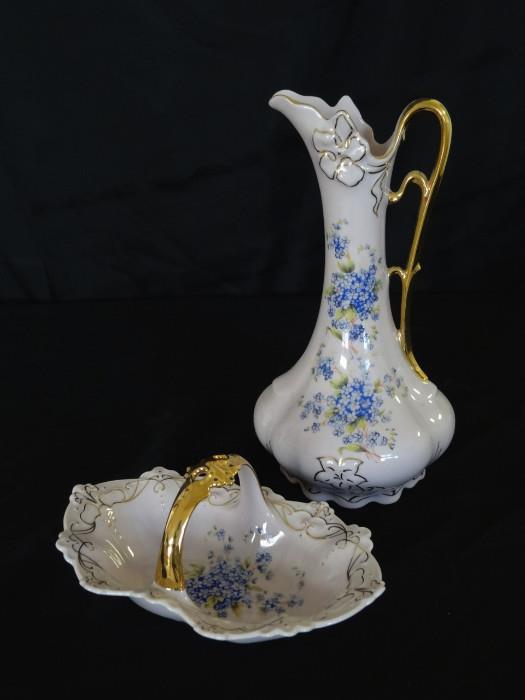 Hand Painted Antique Porcelain Ewer and Tidbit Dish with 22 karat gold trim