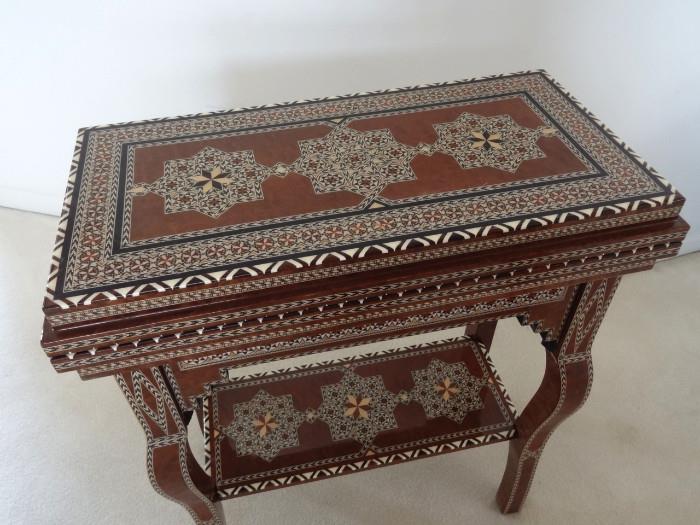 Inlaid Game Table brought back from this globe trotting couple's trip to Spain...shown closed