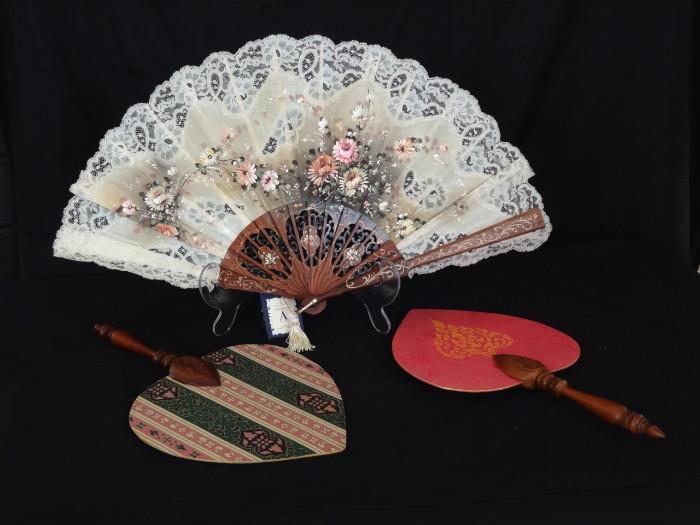 Hand Painted Antique Italian Silk Fan and two Fans from Turkey
