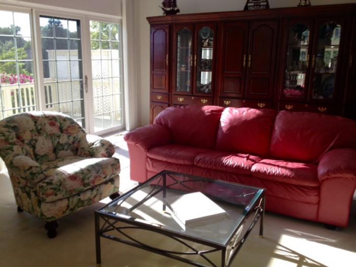 Beautiful Dark Pink/Rose Leather Natuzzi Sofa and Fabulous Sherrill Chair