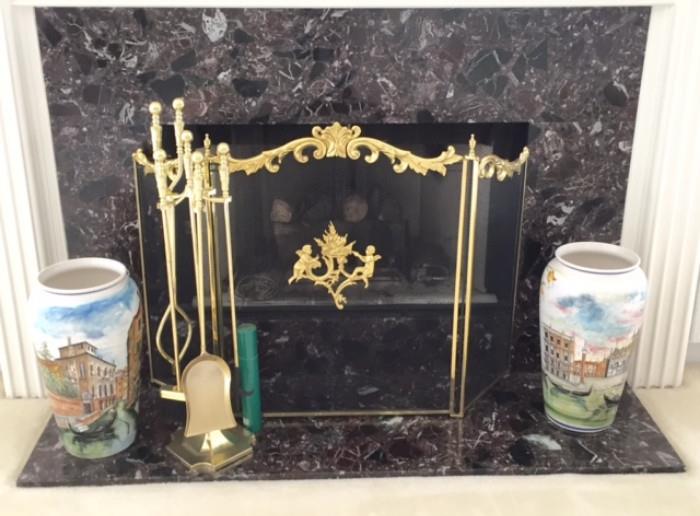 Two stunning Vases, brought back from a Trip to Venice flank the beautiful Polished Brass Fireplace Screen & Tools