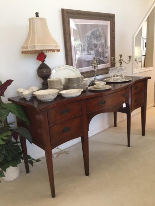 Beautiful Antique Sideboard, topped with Sterling Silver Candle Sticks, Service for 12 of Lenox Brookdale China