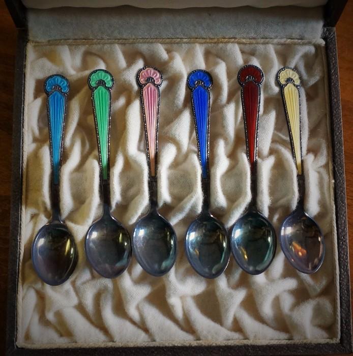 Enamel on sterling demitasse spoons made in Olso