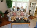 Tapestry sofa, marble top coffee table and end tables