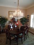 12 lite crystal chandelier, large rug, dining table and chairs