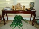 Olive wood nativity and Bible from the Holy Land, mahogany sofa table