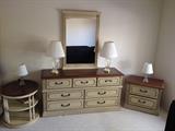 Drexel Heritage oval side table (used as a nightstand), New Directions dresser w/ mirror, 2-drawer nightstand