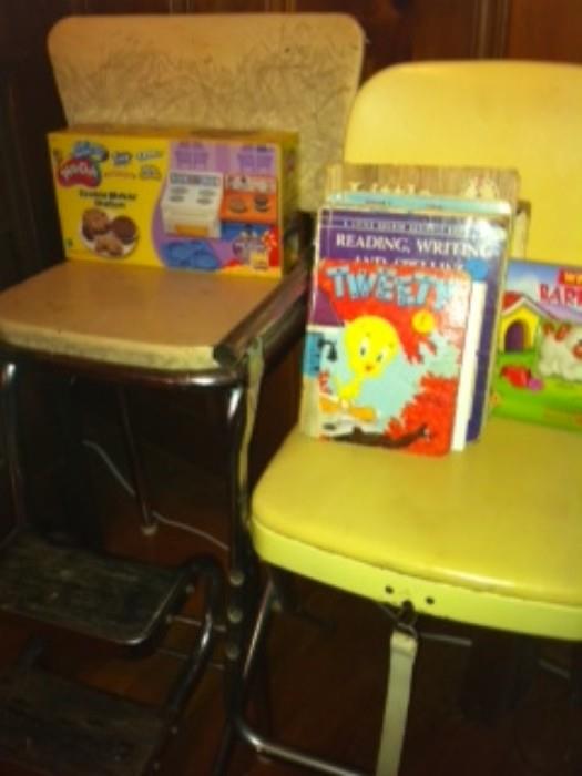 Children high chairs with old story books for children