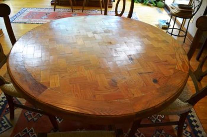 Pine marquetry round breakfast table with pedestal base