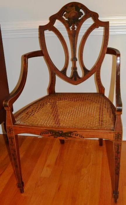 Pair of Sheraton fancy painted chairs (one with seat out)