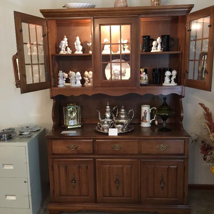China cabinet-lighted-goes with dining room table.  Precious Moments collectibles, two drawer filing cabinet, various decor. 