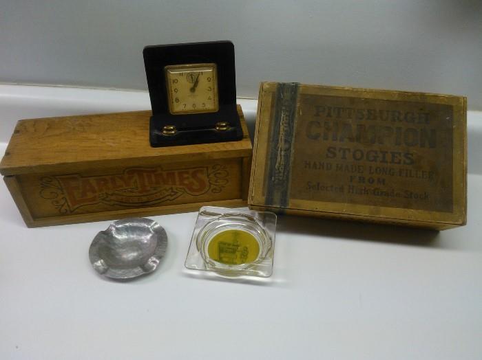 Art Deco Alarm Clock, 1909 Champion Stogies Cigar Box, Early Times Whiskey Wood Box, Vintage Holiday Inn Ash Tray & Pewter Ash Tray