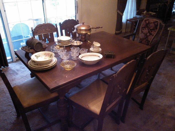Dining Room Table + 6 Chairs Including Captain's Chair, Whiskey Jug tap w/ 6 shot glasses, Fine China
