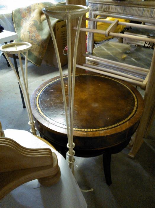 Antique Weiman Heirloom Circular Leather Top Drum / Capstan Table & Tall Candle Stands / Holders