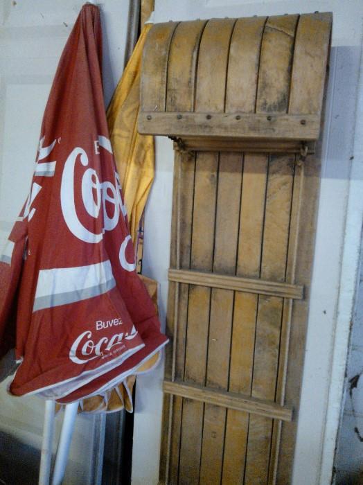 Coca~Cola Patio Umbrella / Vintage Toboggan / Sled
