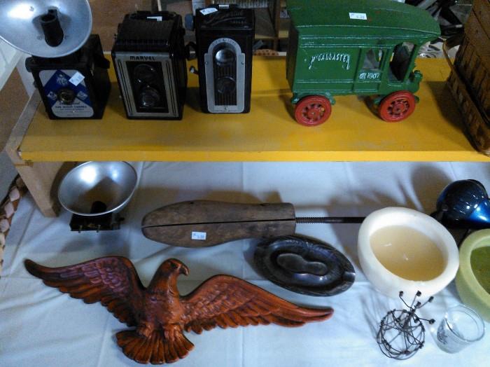Brownie Cameras, Sexton Eagle, Cast Iron Wagon, Vintage Ashtrays, Candles, Old Shoe Horn, Dollhouse Furniture, etc.